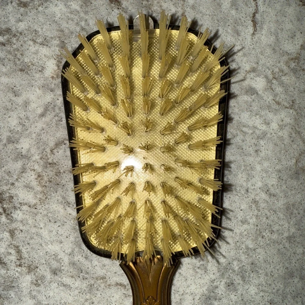 Vintage Victorian Hair Brush Copper Handle 3D Flower Accents Removable Brush